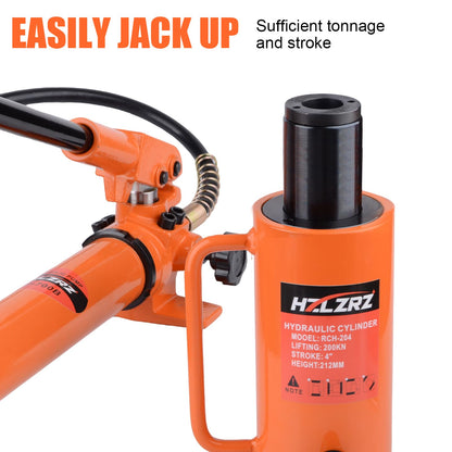 HZLZRZ 20T Hydraulic Cylinder Jack Hollow Single Acting Hydraulic Ram Cylinder, Hydraulic Lifting Cylinders 4"(101mm) and Porta Power Kit (RCH-204)
