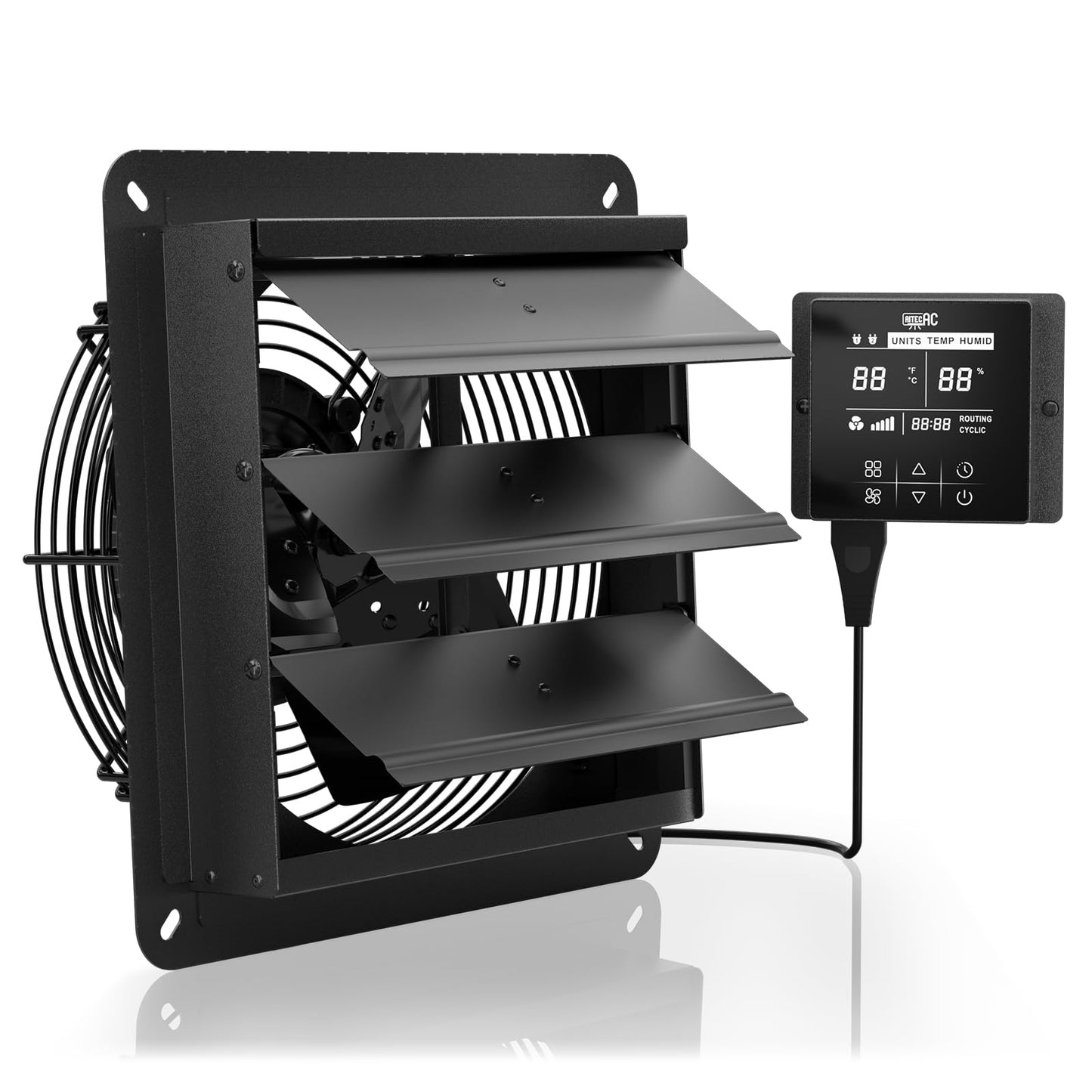 AITECAC 10 Inch Shutter Exhaust Fan, 576 CFM Wall Mounted Attic Fan with Temperature Humidity Controller, Automatic Shutter, Ventilation and Cooling for Greenhouse, Garage, Studios, Workshops