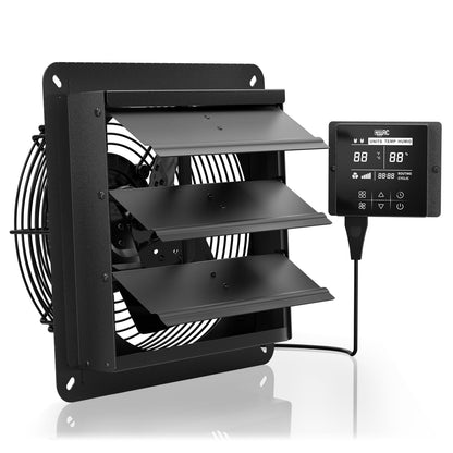 AITECAC 10 Inch Shutter Exhaust Fan, 576 CFM Wall Mounted Attic Fan with Temperature Humidity Controller, Automatic Shutter, Ventilation and Cooling for Greenhouse, Garage, Studios, Workshops