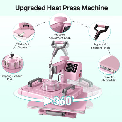 Slendor 5-in-1 Heat Press Machine, 12x15 Inch Sublimation Heat Press with 360° Swing Away, Digital T-Shirt Press with 20oz & 30oz Tumbler Press, Combo for T-Shirts, Hats, Caps & Plates