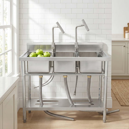 Utility Sink Freestanding Three Bowl Stainless Steel Sink, 39 x 18 x 36 Inch, No Drawer Stand and Two T-Shaped Faucets, Laundry Sink for Kitchen, Bathroom, Garage and Patio