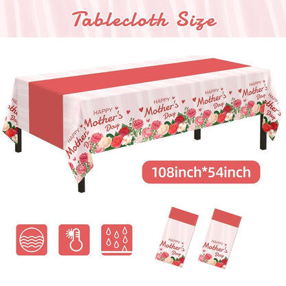 Childom 2 Pack Mothers Day Tablecloth,Mother's Day Party Decorations,54" x 108" Plastic Disposable Tablecloths for Rectangle,Plastic Table Covers for Mom Birthday Party Supplies Holiday Buffet Table
