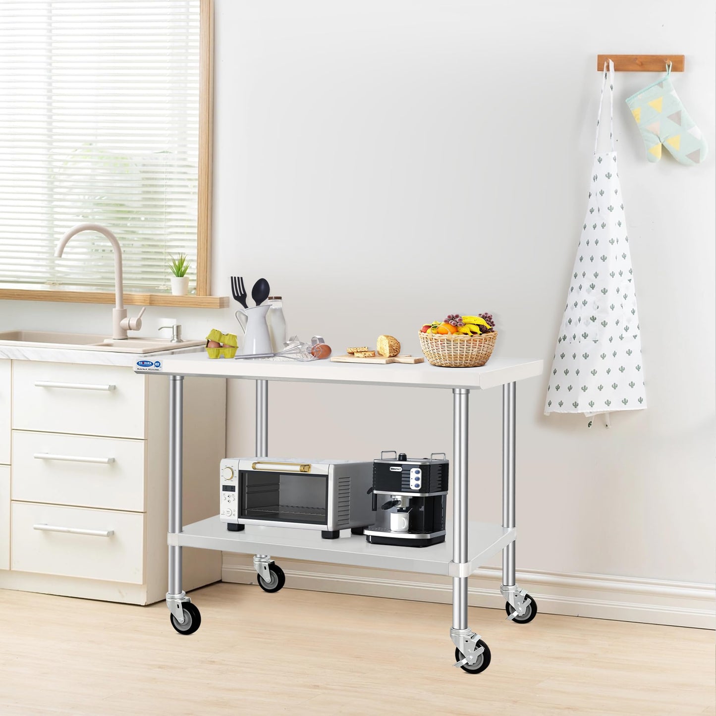 HARDURA Stainless Steel Table with Wheels 30 x 48 Inches Kitchen Prep Table Heavy Duty Stainless Steel Workbench with Aluminium Corner Undershelf NSF 304 Metel Table for Commercial Restaurant