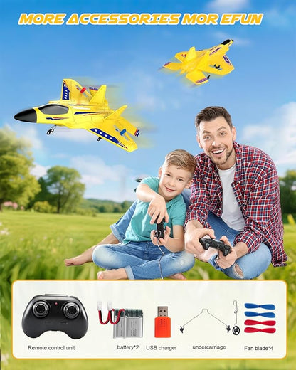 RC Plane F22 RC Airplane 2. 4GHz Foam Remote Control Airplane with Gyro Stabilizer/LED Light/2 Rechargeable Batteries Easy to Fly RC Glider Jet Toy for Kids Boys Adults Beginners (Yellow)