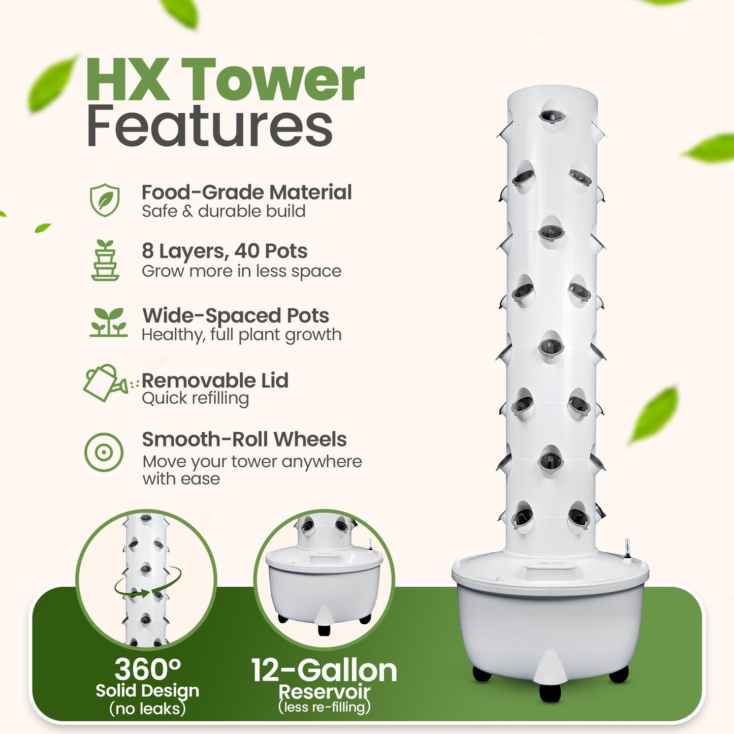 ALTO GARDEN HX Aeroponic Tower | High Capacity Tower | Hydroponics Growing System Kit | Food Grade with 40 Net Pots (Without Lights)