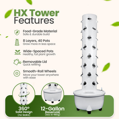 ALTO GARDEN HX Aeroponic Tower | High Capacity Tower | Hydroponics Growing System Kit | Food Grade with 40 Net Pots (Without Lights)