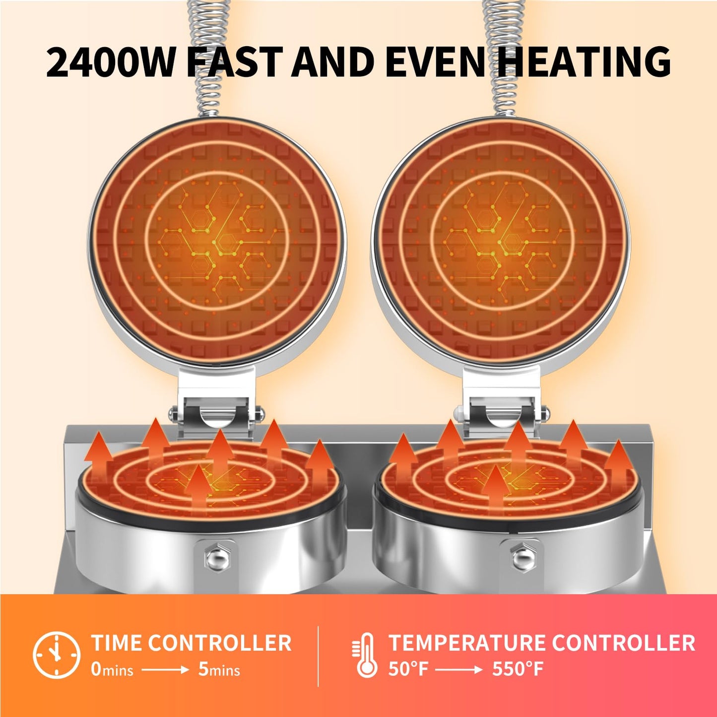 HTTSICHI Waffle Maker - Commercial Waffle Iron w/Two Non-stick 7 in Baking Pans, 550 ℉ Temperature and Timers, 2400W Dual Waffle Machine for Double Baking, Stainless Steel Waffle Maker for Restaurant
