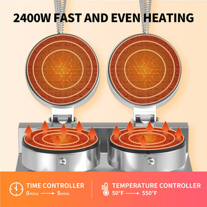 HTTSICHI Waffle Maker - Commercial Waffle Iron w/Two Non-stick 7 in Baking Pans, 550 ℉ Temperature and Timers, 2400W Dual Waffle Machine for Double Baking, Stainless Steel Waffle Maker for Restaurant