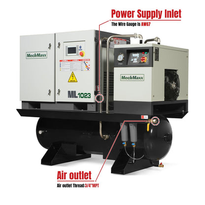 10HP Combined Rotary Screw Air Compressor with Dryer & 66-Gal ASME Tank | 32 CFM, 116 PSI, 230V 3-Phase – Industrial Grade,Model ML1023