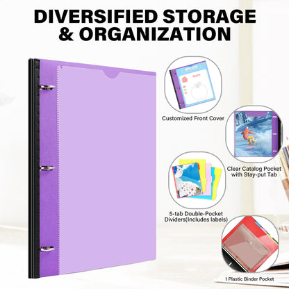 WOT I Telescoping Project Organizer, Refillable 3 Ring Binder with Dividers and Pockets, 13 Pocket Folders, 1 Inch 3 Rings, Purple