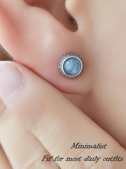 Small Genuine Blue Aquamarine 925 Sterling Silver Hypoallergenic Studs Earrings Jewelry for Women Dainty Trendy Antiqued Silver March Birthstone Gifts for Her