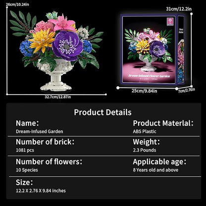 Botanicals Flower Bouquet Building Block Sets Includes Hydrangea Dahlia Azalea Artificial Flowers Arrangement With Vase Valentine's Day Gift For Her Women Girls Floral Table Centerpiece