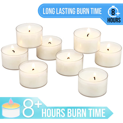 Stonebriar Bulk 96 Unscented Smokeless Long Burning Clear Cup Tea Light Candles with 8 Hour Extended Burn Time (Pack of 6, 576 Count Total)
