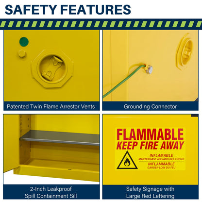 Jamco 45 Gallon Flammable Safety Cabinet, Steel Flammable Storage Cabinet with Lockable Manual Closing Doors, Non Forkliftable, 43" x 18" x 65", Yellow