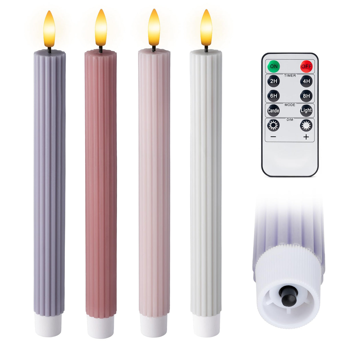 WYZworks Coordinated Dusty Mauve Pinkish Lilac 4 Pack, 10" Real Wax LED Flameless Fluted Ribbed Grooved Taper Candles, Remote & Timer Memory, On/Off Button, Dimmable, Battery Operated, Menorah Wedding