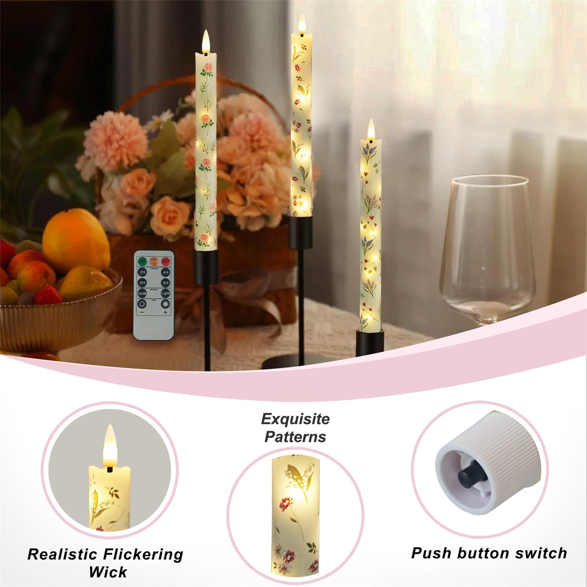 Gedengni Floral Candles Remote Candlesticks-10inches Timer Flickering Battery Operated Candle Chinoiserie LED Taper Candles Lights for Home Wedding Tea Party Windows Decor,3PCS-RFL