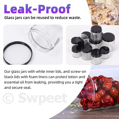 Swpeet 15 Packs 2 oz - 60ML Transparent Glass Jar with Black Lid Assortment Kit, Round Containers Cosmetic Glass Jars with Lids Travel Jars Cosmetic Containers for Cream, Lotion
