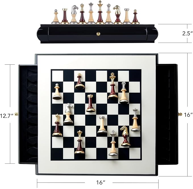 AMEROUS 16 Inches Wooden Chess Set Large Size Board with 2 Built-in Storage Drawers - 2 Extra Queens - Metallic &amp Wooden Chess Pieces - Gift Packaging Board Games for Adults and Kids