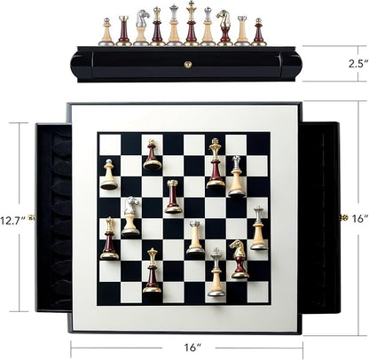 AMEROUS 16 Inches Wooden Chess Set Large Size Board with 2 Built-in Storage Drawers - 2 Extra Queens - Metallic &amp Wooden Chess Pieces - Gift Packaging Board Games for Adults and Kids