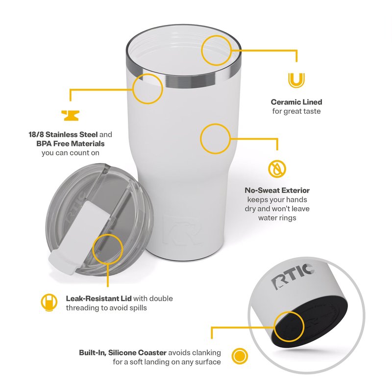 RTIC 30oz Essential Tumbler with Lid, Ceramic Lined, Insulated, Stainless Steel, Metal, Double Wall Vacuum-Insulation, Travel Cup for Iced Coffee, Tea, Hot and Cold Drink, White