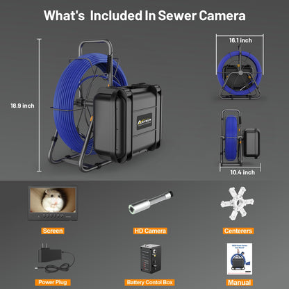 Anysun Sewer Camera with 512Hz Sonde, Self-Leveling 9" HD Screen DVR Recorder, 32GB Card, IP68 Waterproof Plumbing Pipe Borescope Inspection, 7mm Cable with Meter Marks(300FT)