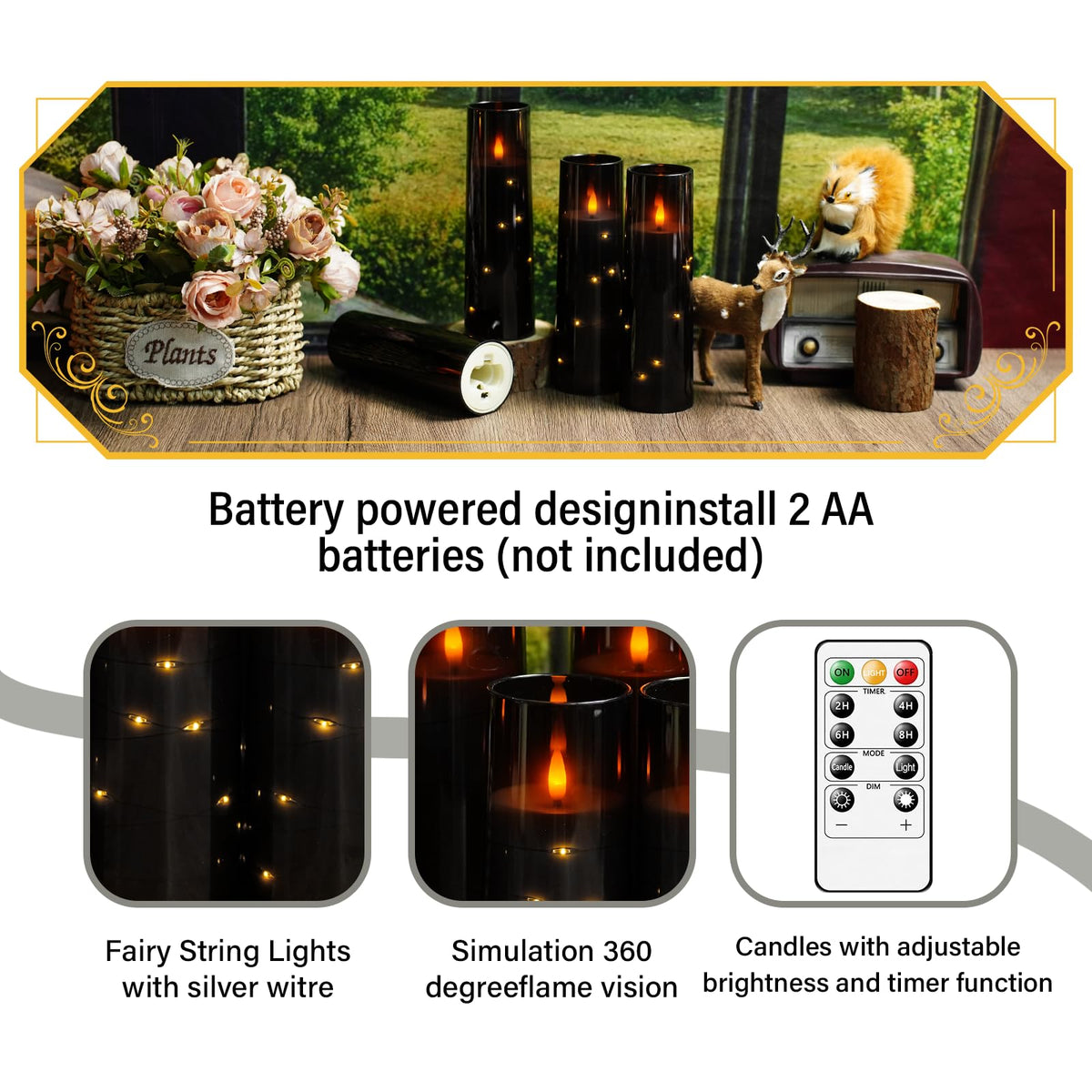 Eebuss Flameless Candles with Embedded Star String, Battery Operated LED Pillar Candles with Timer and Remote Control,Home Decorating for Ambiance， Set of 7(Black)