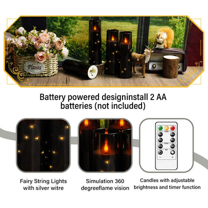 Eebuss Flameless Candles with Embedded Star String, Battery Operated LED Pillar Candles with Timer and Remote Control,Home Decorating for Ambiance， Set of 7(Black)