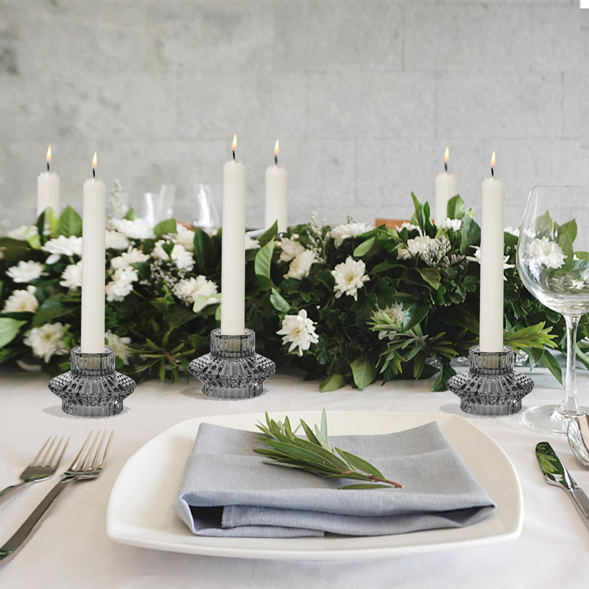 CHOCSTAY Reversible Candlestick Holders Set of 3, Gray Glass Taper and Tealight Candle Holders for Table Centerpiece, Wedding, Party, Home Decor