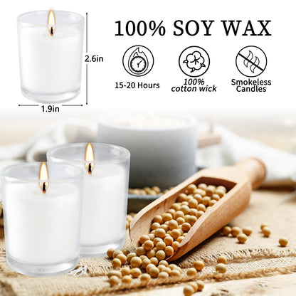 YOROXRG 48 Pack White Unscented Clear Glass Filled Votive Candles. Hand Poured Wax Candle Ideal Gifts for Home Décor Parties Weddings Holidays and Meditation (White)