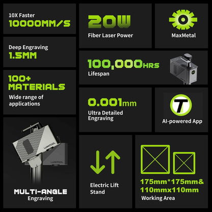 LumiTool 20W True Fiber Laser Engraver - 10X Faster AI Fiber Laser Engraving Machine for Metal, Jewelry, Leather & More - AI-Powered, Deep Engraving, Cloud Data, Compact & Affordable