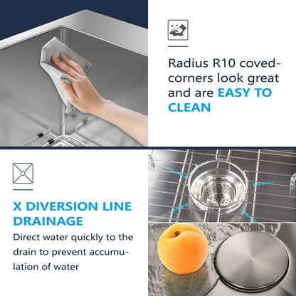Kitchen Sink 27 x 22 inch Drop-In Top Mount 16 Gauge Tight Radius Single Bowl 2-Hole Stainless Steel Kitchen Sink and Accessories (Pack of 4)