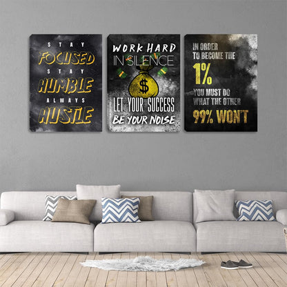 Modern Motivational Success Quotes Wall Art Canvas Art 3 Piece Black Wall Art Inspiring Entrepreneur Hustle Poster Prints Wall Decor Office Wall Decorations Framed Posters for Office(36''Wx 16''H)