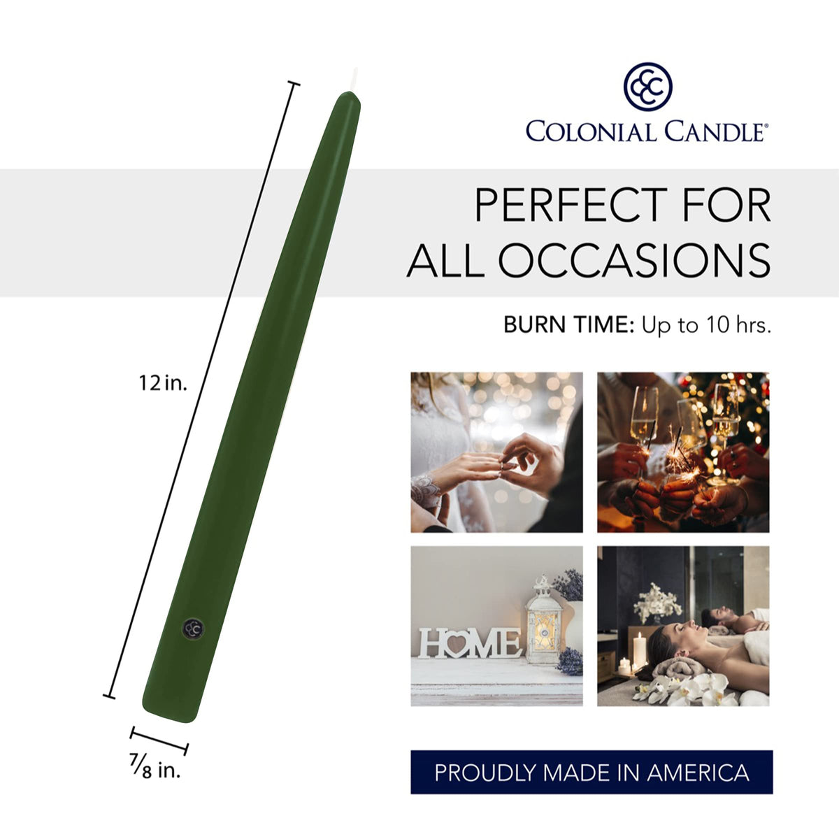 Colonial Candle Unscented Taper Candle, Handipt Collection, Evergreen, 12 in, Pack of 12 - Up to 10 Hours Burn