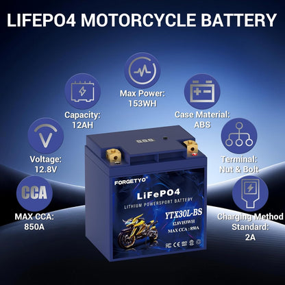 Lithium Motorcycle Battery, Forgetyo YTX30L-BS LiFePO4 Battery, 12V 12AH 850A ATV, UTV, Jet Ski, 4 Wheeler and Lawn Mower Battery