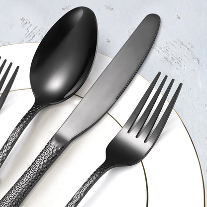 A · HOUSEWARE Black Hammered Silverware Set 8 Stainless Steel Flatware Vintage 40 piece include Knife Fork Spoon Proper Weight for Parties Restaurant Utensils and Kitchen Daily Use
