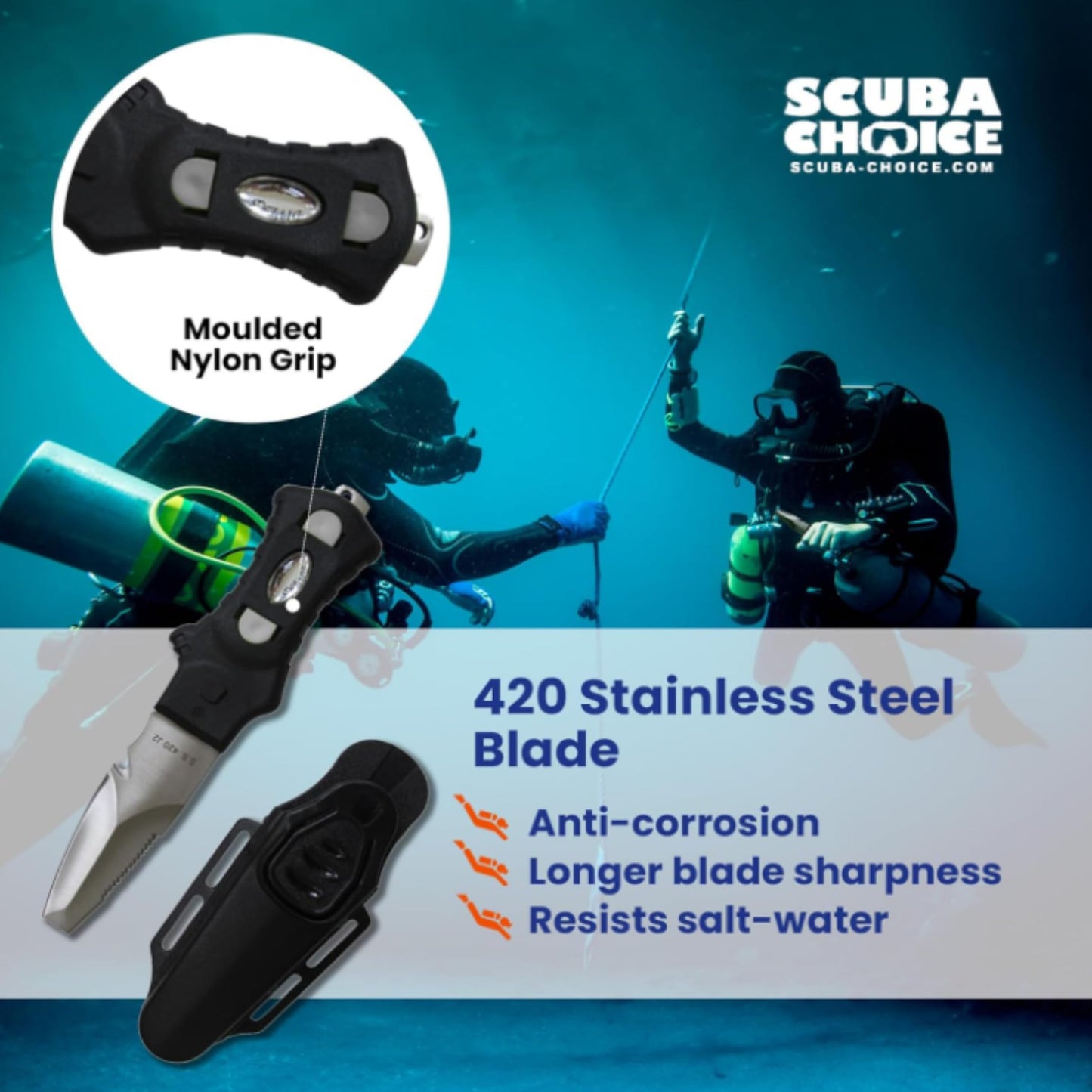 Scuba Choice Compact Stainless Steel Blunt Tip Dive Knife - 2.3" Plain Edge Blade with Ergonomic Nylon Handle, Durable for Scuba Diving, Snorkeling & Water Sports - Black/Silver