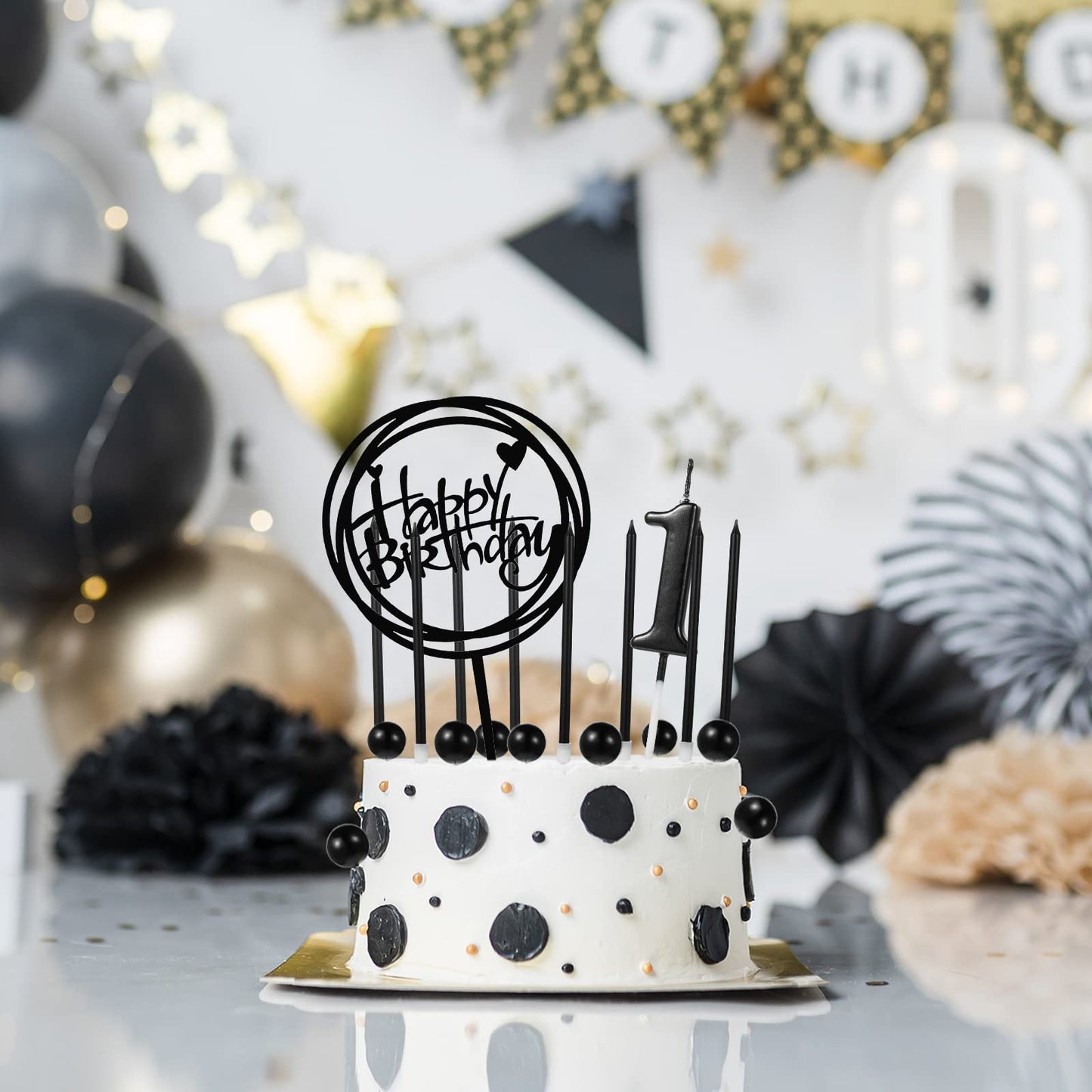 Yerliker 34 Pcs Happy Birthday Cake Toppers Decorations Birthday Candles DIY Cake Decor for Men Women Wedding Anniversary(Black)