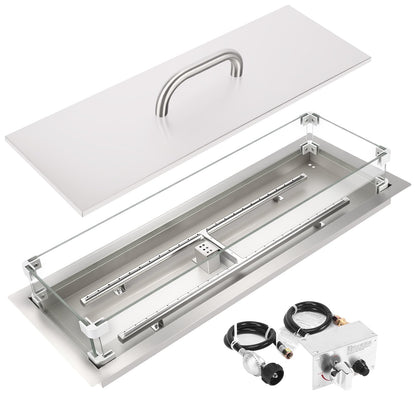 GRISUN Upgraded 30" x 10" Drop-in Fire Pit Kit with Glass Wind Guard & Lid, Linear Fire Pit Burner Pan, Stainless Steel Fire Pit Insert with Spark Ignition