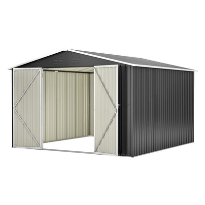 10'x10' Galvanized Steel Outdoor Storage Shed with Lockable Sliding Double French Doors & Top Air Vents, Large Heavy-Duty Garden Tool Shed, Black