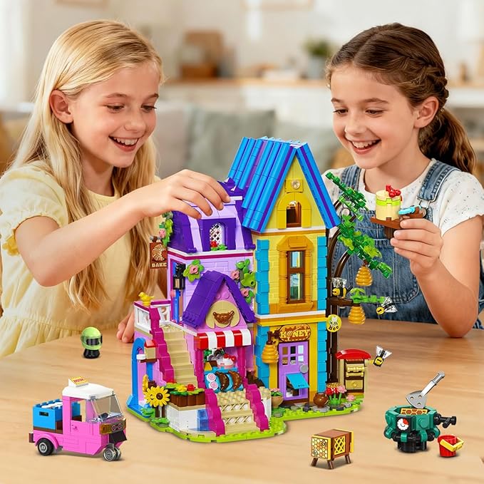 HOGOKIDS Beekeeping &amp Bakery House Building Toy with LED Light - 1084PCS Friends Girls Baking Building Set with Honey Workshop Pretend Play Birthday for Kid Girls Boys Ages 8-12+ Years