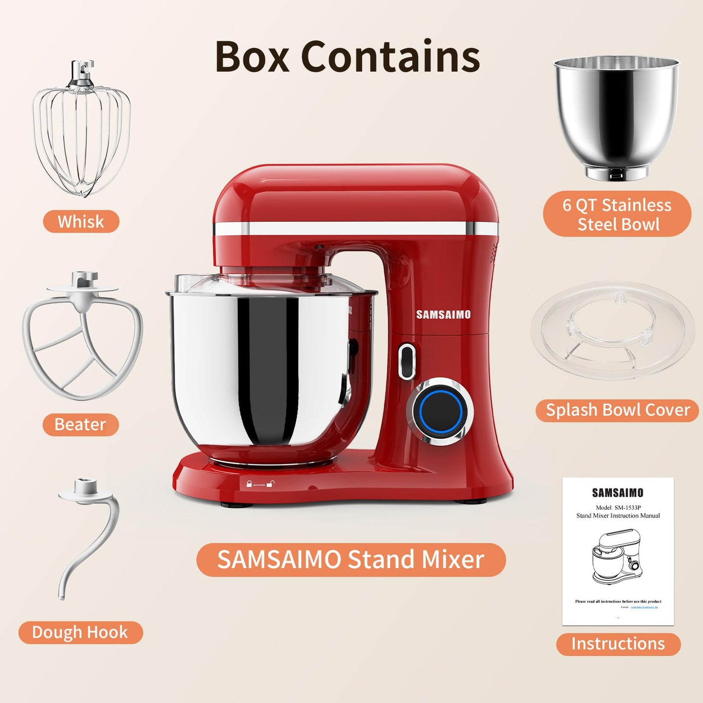 SAMSAIMO 3-IN-1 Electric Stand Mixer, 10-Speed With Pulse Button, Attachments include 6.5QT Bowl, Dough Hook, Beater, Whisk for Most Home Cooks (Empire Red)