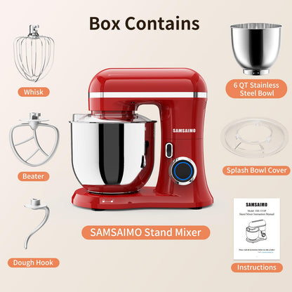 SAMSAIMO 3-IN-1 Electric Stand Mixer, 10-Speed With Pulse Button, Attachments include 6.5QT Bowl, Dough Hook, Beater, Whisk for Most Home Cooks (Empire Red)