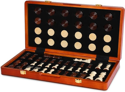 15'' 2 in 1 Wooden Magnetic chess and checkers set (2 Extra Queens Foldable Chess set &amp Cotton Storage Bag) Magnetic Chess Sets for Adults with Color Gift Box Handmade Checkers Board Game