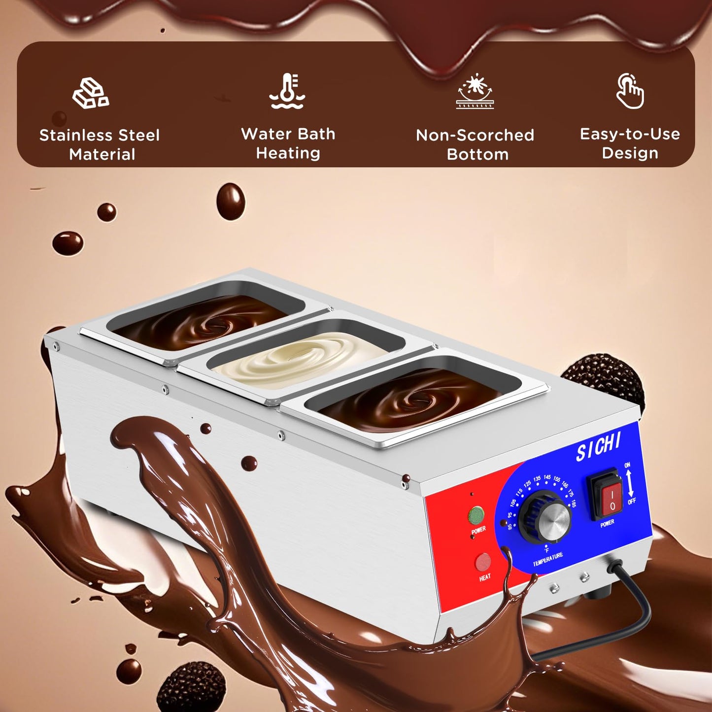 HTTSICHI 2800W Commercial Bubble Waffle Maker & 13L Chocolate Tempering Machine, Dual Non-stick Pans w/Timer & Temp Control, 3-Tank Stainless Melter w/86-185°F Control, for Restaurants & Dessert Shops