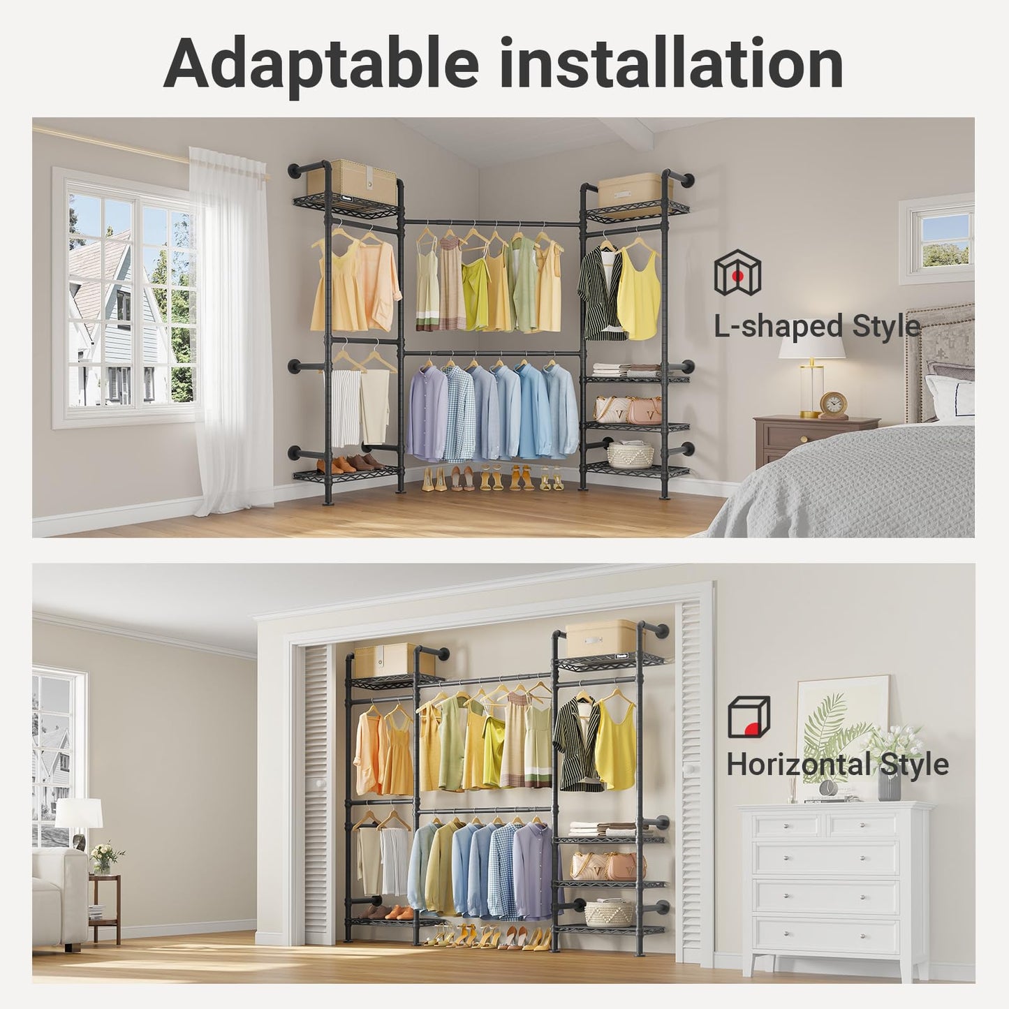 Timate F3 Medium Wall Mounted Clothes rack Expandable Closet, Industrial Pipe Clothing Rack for Hanging Clothes, Heavy Duty Clothes Rack with Shelves, Garment Rack Wall Closet System Black Pipe Closet