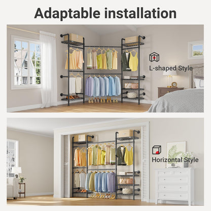 Timate F3 Medium Wall Mounted Clothes rack Expandable Closet, Industrial Pipe Clothing Rack for Hanging Clothes, Heavy Duty Clothes Rack with Shelves, Garment Rack Wall Closet System Black Pipe Closet