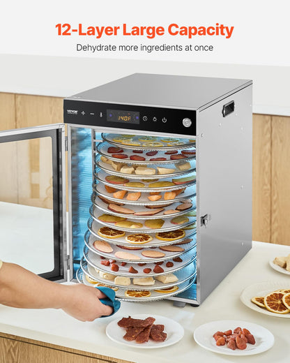 VEVOR Food Dehydrator Machine, Rotary 12 Stainless Steel Trays, 800W Electric Food Dryer with Adjustable Temp & 24-Hour Timer, Food-Dehydrator for Jerky, Meat, Fruit, Vegetables, Herbs, Dog Treats