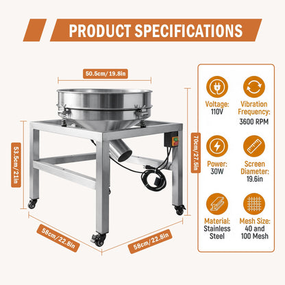 Sidasu 19.6" Stainless Steel Vibrating Sifter Machine, 110V Electric Sieve Shaker with 40 & 100 Mesh Screens, Industrial Powder Screening Machine for Flour, Spice, Grain, Lab& Food Processing