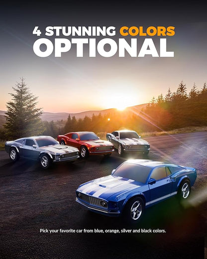 1/64 Scale Drift RC Car2.4Ghz Mini Sports CarEquipped with LED Lights and Mustang Retro Cars with Built-in GyroscopeProfessional Rear Wheel Drive30 Minute Driving Time (Silvery)