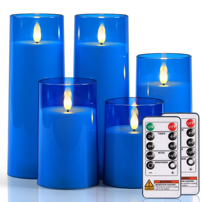 Raycare Independence Day Flameless Candles Battery Operated with Remote Timer, Acrylic Flickering LED Pillar Candle for 4th of July Home Patriotic Decor, Gift for Family and Friend, Blue, Set of 5